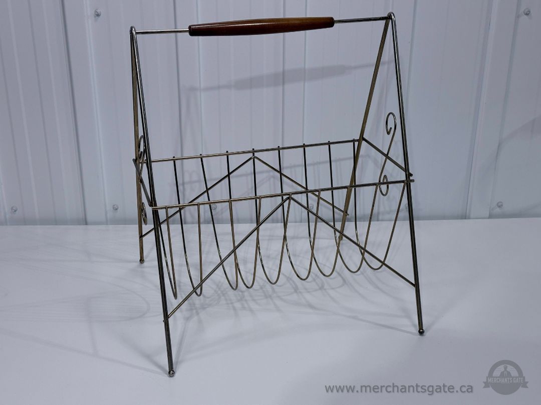 Vintage Metal Magazine Rack with Wood Handle Mid Century Modern
