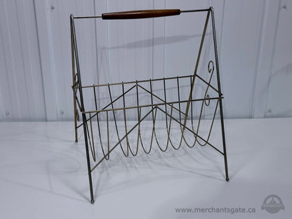 Vintage Metal Magazine Rack with Wood Handle Mid Century Modern