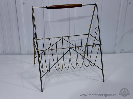 Vintage Metal Magazine Rack with Wood Handle Mid Century Modern