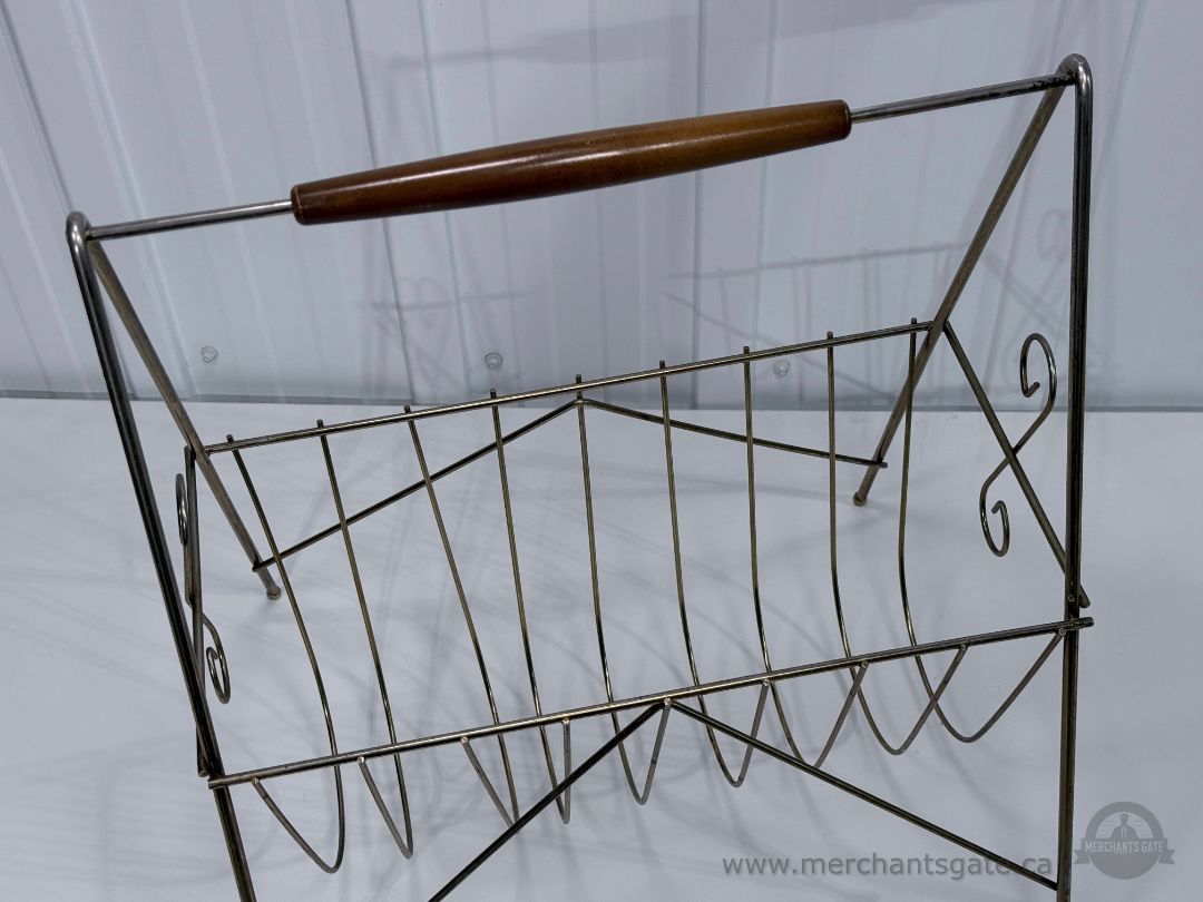 Vintage Metal Magazine Rack with Wood Handle Mid Century Modern