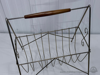 Vintage Metal Magazine Rack with Wood Handle Mid Century Modern