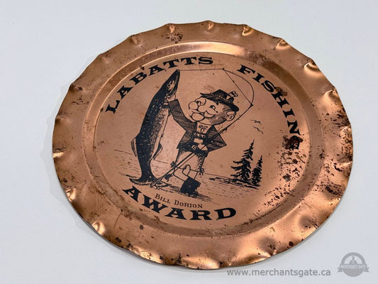 Vintage Copper Decorative Wall Plate La Batts Fishing Award Bill Dorion 10.5"