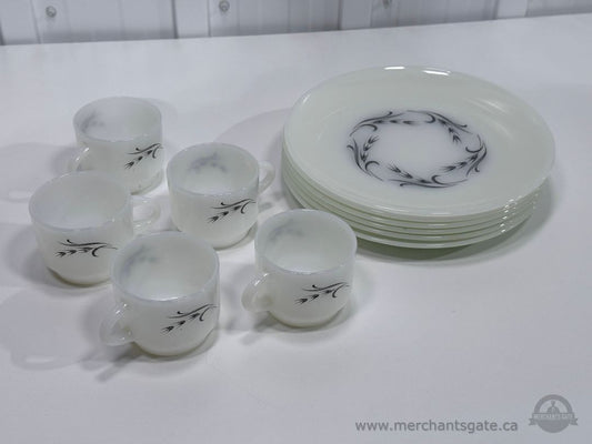 Anchor Hocking Fire King Swirl Pattern Milk Glass Cups and Plates Set 11 Pc