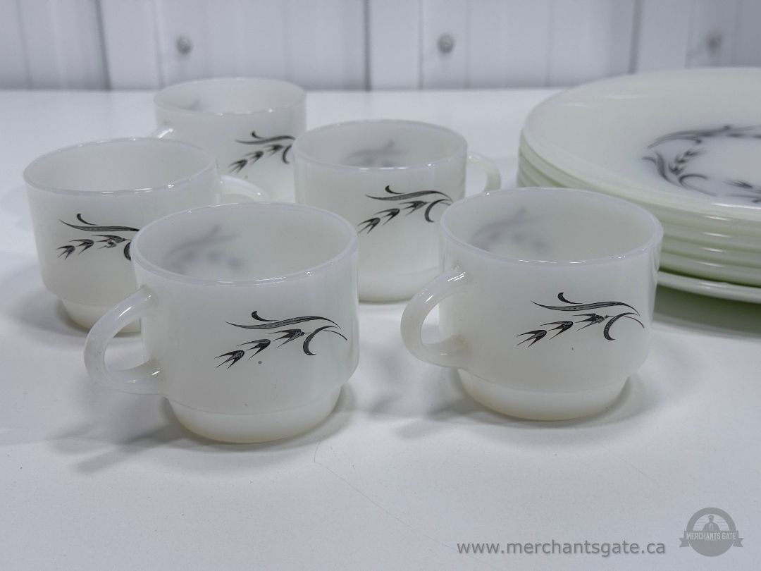 Anchor Hocking Fire King Swirl Pattern Milk Glass Cups and Plates Set 11 Pc