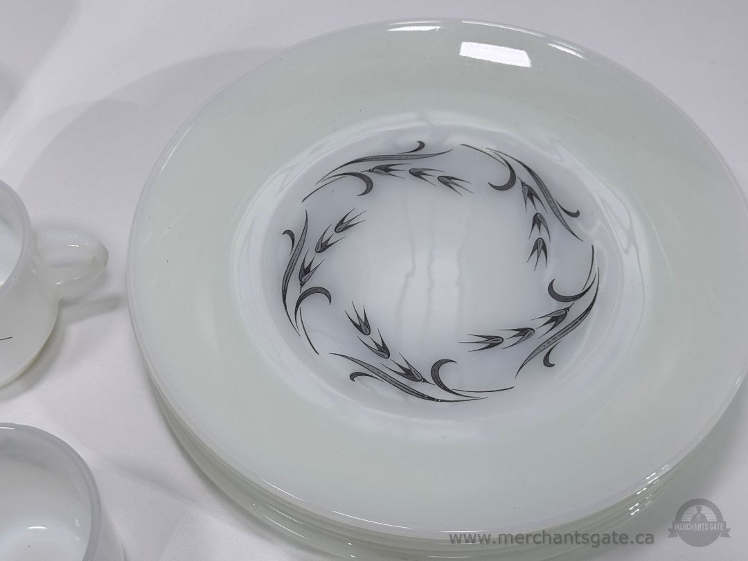 Anchor Hocking Fire King Swirl Pattern Milk Glass Cups and Plates Set 11 Pc