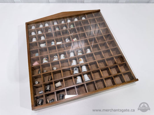 Vintage Wooden Thimble Display Case Shadow Box with Clear Panel 47 Thimbles