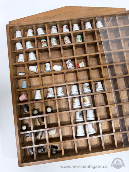Vintage Wooden Thimble Display Case Shadow Box with Clear Panel 47 Thimbles