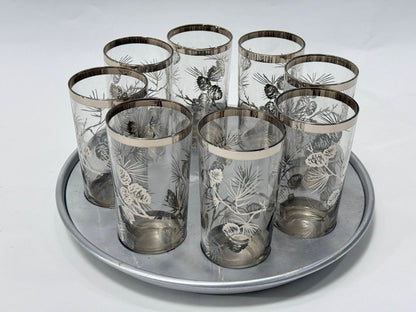 Vintage Silver Rim Pinecone Glasses with Rotating Tray (Set of 8)