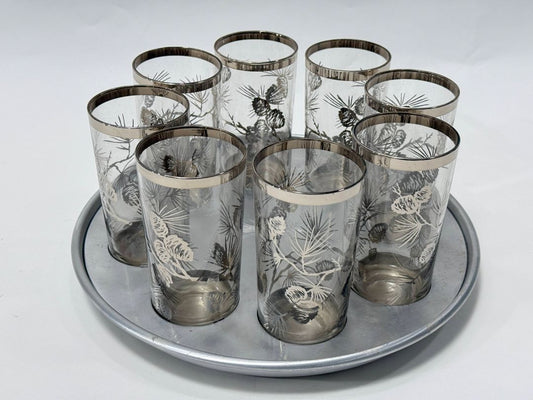 Vintage Silver Rim Pinecone Glasses with Rotating Tray (Set of 8)