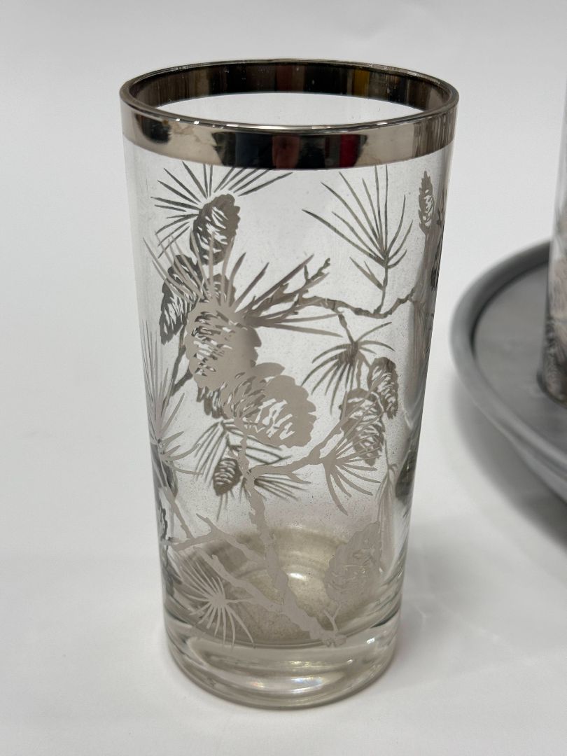 Vintage Silver Rim Pinecone Glasses with Rotating Tray (Set of 8)