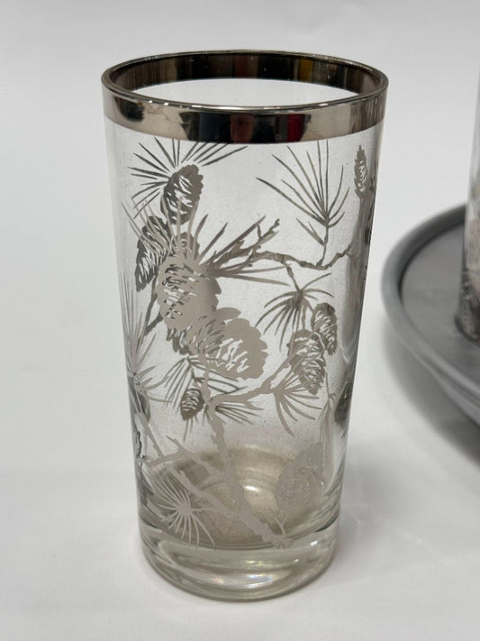 Vintage Silver Rim Pinecone Glasses with Rotating Tray (Set of 8)