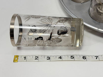 Vintage Silver Rim Pinecone Glasses with Rotating Tray (Set of 8)