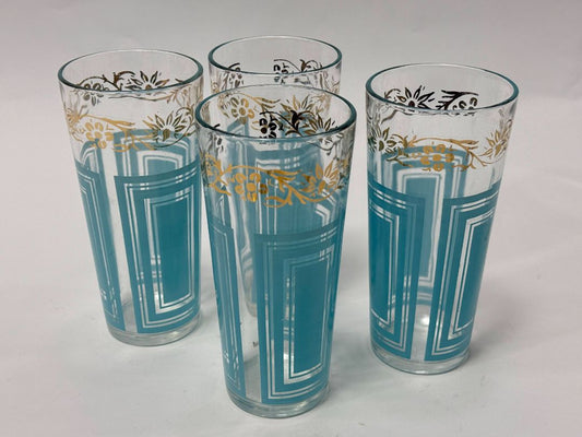 Set of 4 Vintage Aqua & Gold Highball Glasses