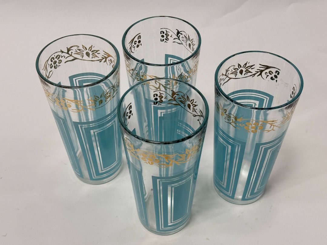 Set of 4 Vintage Aqua & Gold Highball Glasses