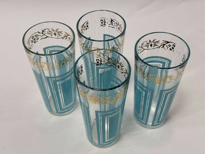 Set of 4 Vintage Aqua & Gold Highball Glasses