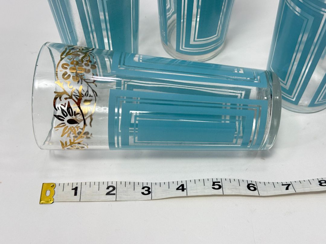 Set of 4 Vintage Aqua & Gold Highball Glasses