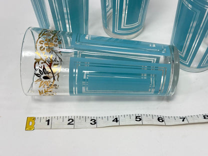 Set of 4 Vintage Aqua & Gold Highball Glasses
