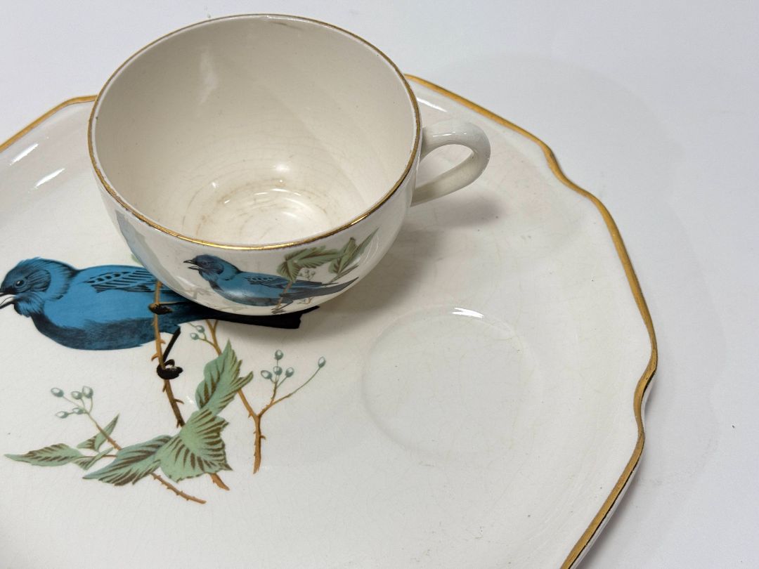 Georgian Blue Songbird China Cup & Snack Plate Set – 22K Gold Trim