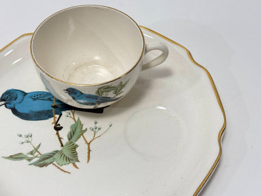 Georgian Blue Songbird China Cup & Snack Plate Set – 22K Gold Trim