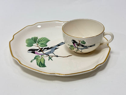 Vintage Georgian China Rose-Breasted Grosbeak Snack Plate & Teacup Set – 22K Gold USA