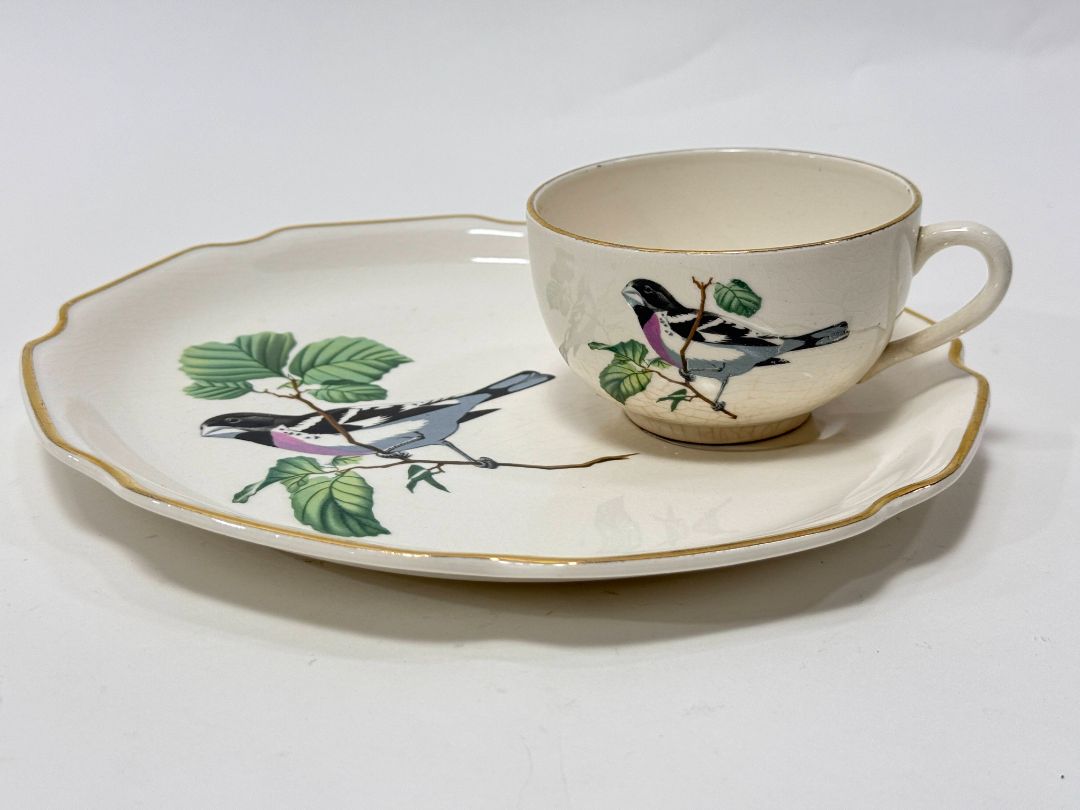 Vintage Georgian China Rose-Breasted Grosbeak Snack Plate & Teacup Set – 22K Gold USA