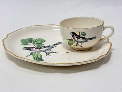 Vintage Georgian China Rose-Breasted Grosbeak Snack Plate & Teacup Set – 22K Gold USA