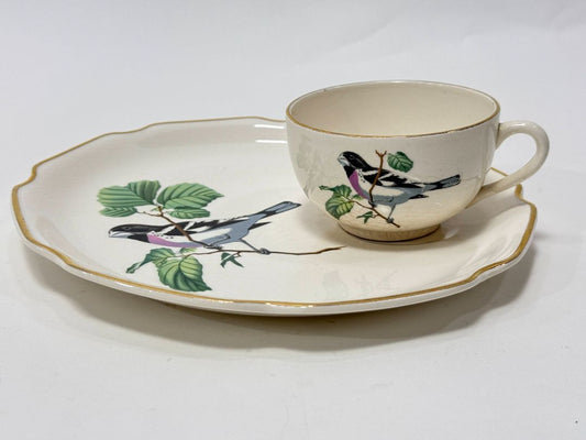 Vintage Georgian China Rose-Breasted Grosbeak Snack Plate & Teacup Set – 22K Gold USA