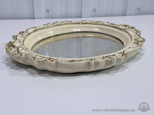 Vintage Oval Ornate Wall Mirror Cream Distressed Frame 13.5" x 17" Decorative