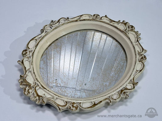 Vintage Oval Ornate Wall Mirror Cream Distressed Frame 13.5" x 17" Decorative