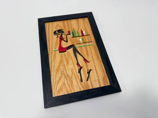 Handcrafted 3D Wood Wall Art – Lady in Red with Wine – Signed by Artist