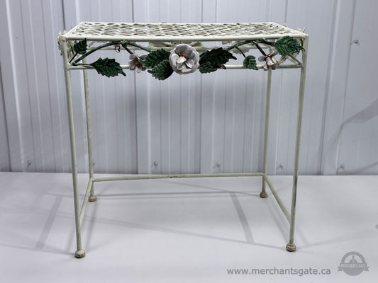 Vintage Metal Plant Stand Floral Lattice Top White Painted Indoor Outdoor Decor