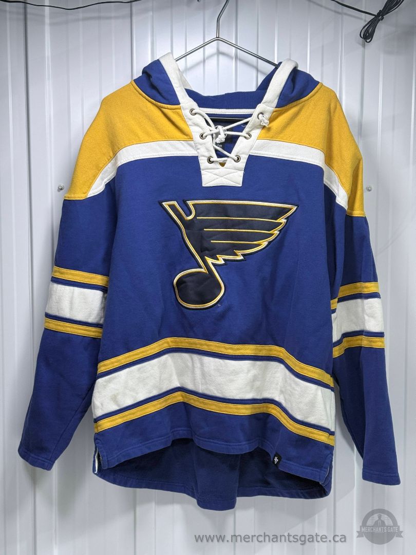 St. Louis Blues Fleece Hoodie Jersey Lace Up NHL ‘47 Brand Blue Gold XXL