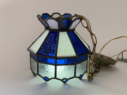 Vintage Slag Glass Pendant Lamps (Tiffany-Style, Blue & White) – Set of 2