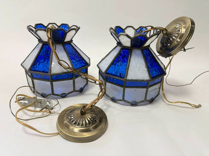 Vintage Slag Glass Pendant Lamps (Tiffany-Style, Blue & White) – Set of 2
