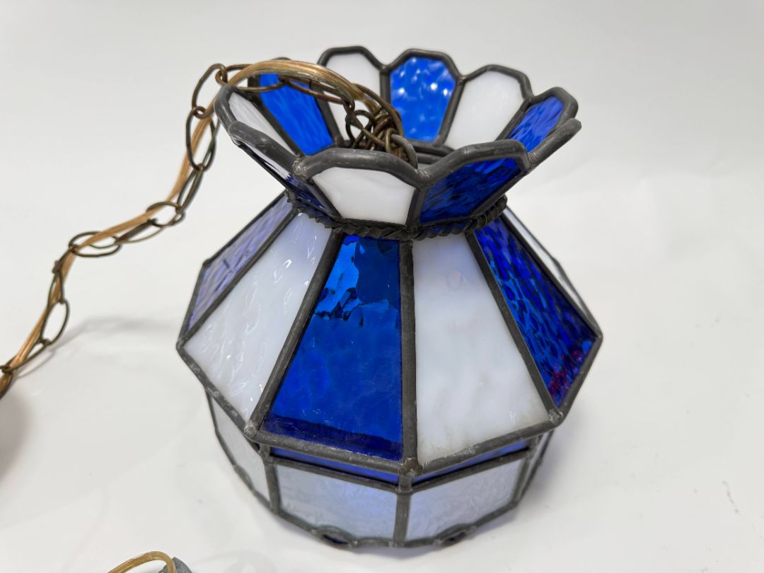 Vintage Slag Glass Pendant Lamps (Tiffany-Style, Blue & White) – Set of 2