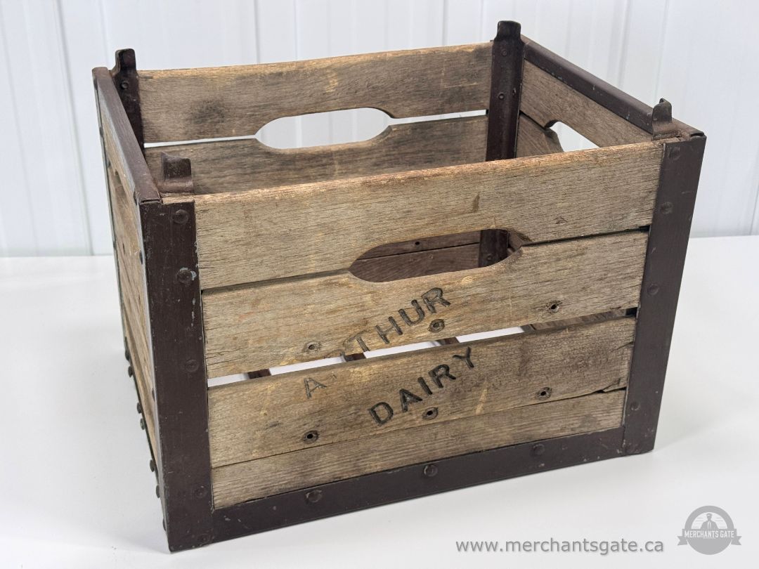 Vintage Wooden Milk Crate Arthur Dairy Metal Reinforced Farm Storage Box