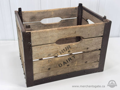 Vintage Wooden Milk Crate Arthur Dairy Metal Reinforced Farm Storage Box