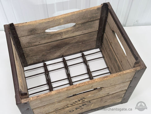 Vintage Wooden Milk Crate Arthur Dairy Metal Reinforced Farm Storage Box