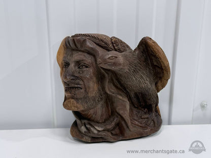 Hand Carved Wood Sculpture Man with Eagle Rustic Folk Art Bust Figurine