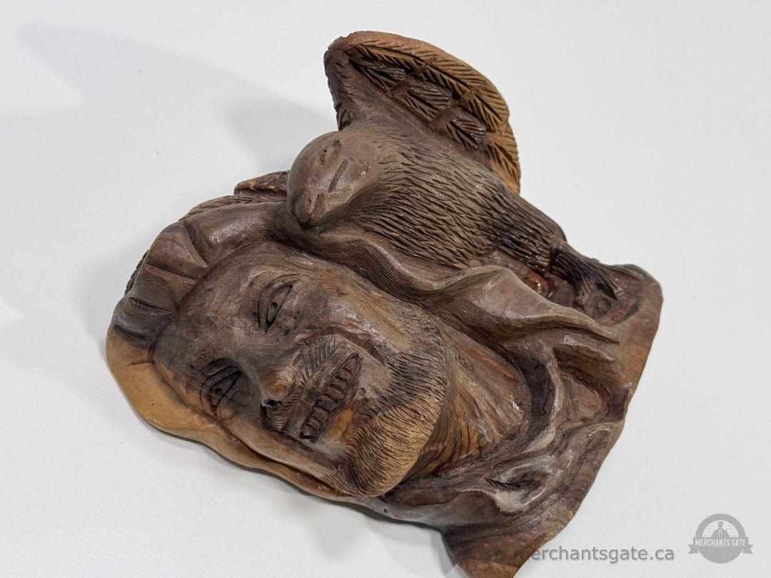 Hand Carved Wood Sculpture Man with Eagle Rustic Folk Art Bust Figurine