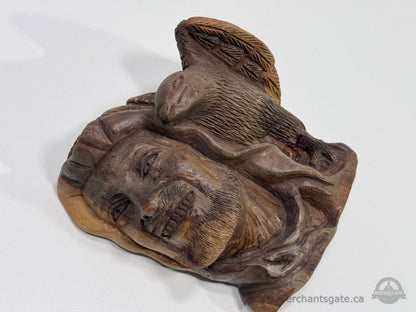 Hand Carved Wood Sculpture Man with Eagle Rustic Folk Art Bust Figurine