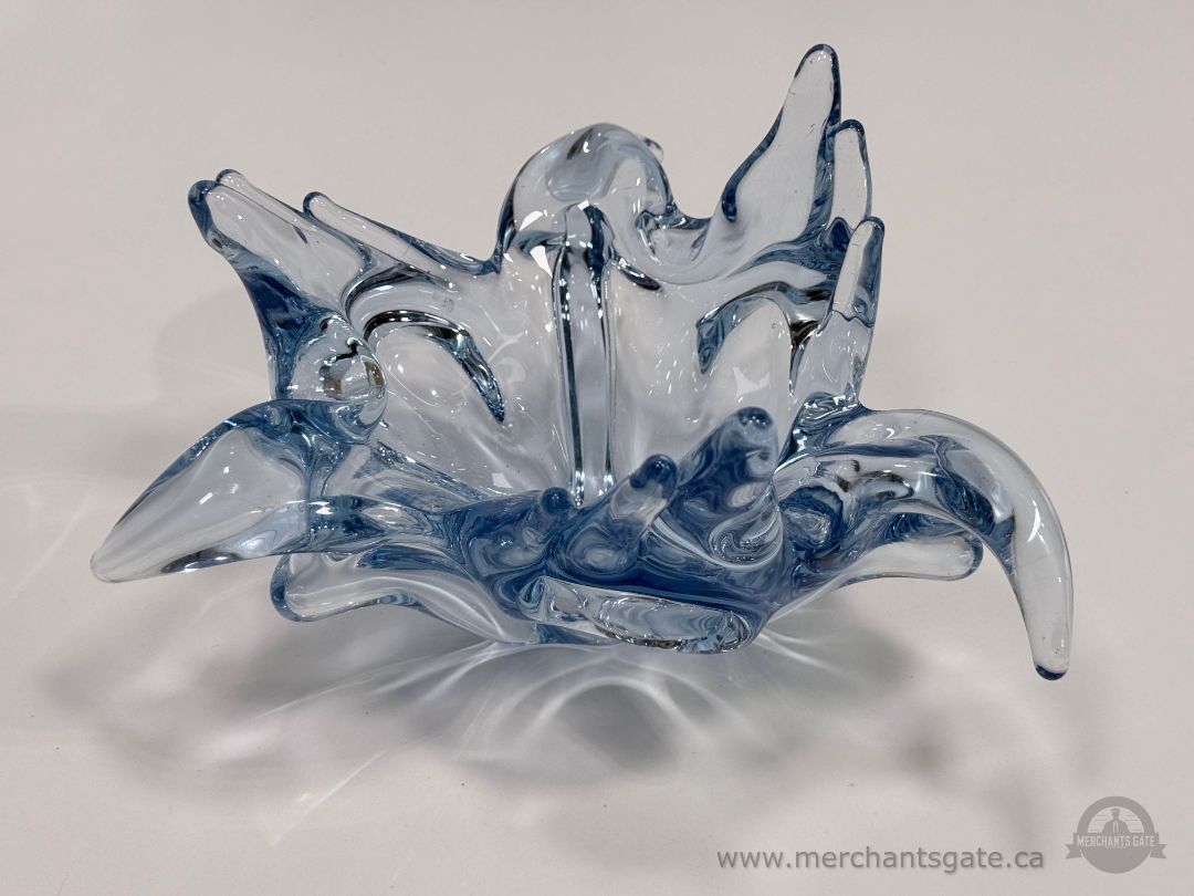 Vintage Chalet Style Blue Clear Art Glass Bowl Freeform Heavy 9.5"
