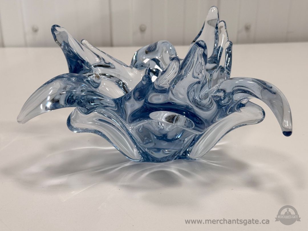 Vintage Chalet Style Blue Clear Art Glass Bowl Freeform Heavy 9.5"