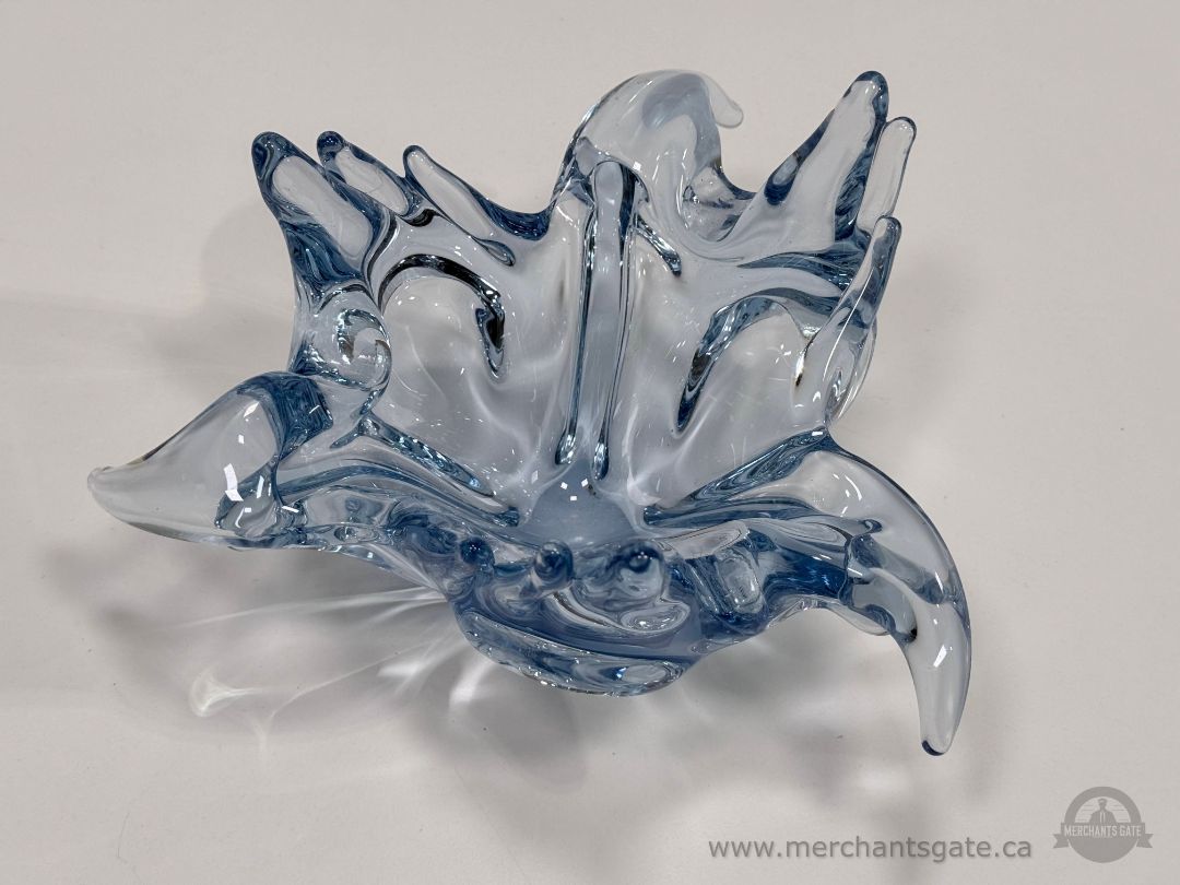 Vintage Chalet Style Blue Clear Art Glass Bowl Freeform Heavy 9.5"