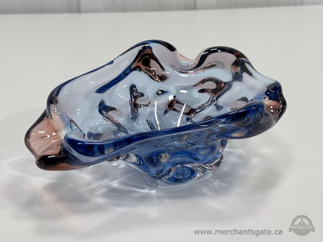 Vintage Murano Style Blue Pink Art Glass Bowl Freeform Heavy 9.25"
