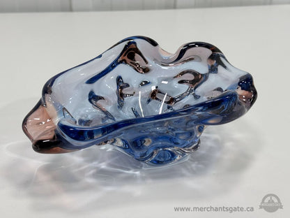 Vintage Murano Style Blue Pink Art Glass Bowl Freeform Heavy 9.25"