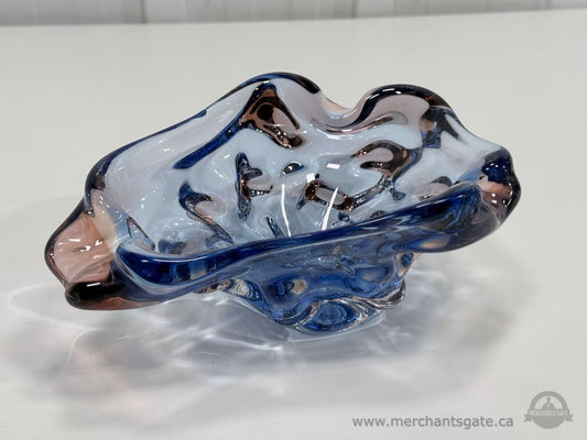 Vintage Murano Style Blue Pink Art Glass Bowl Freeform Heavy 9.25"
