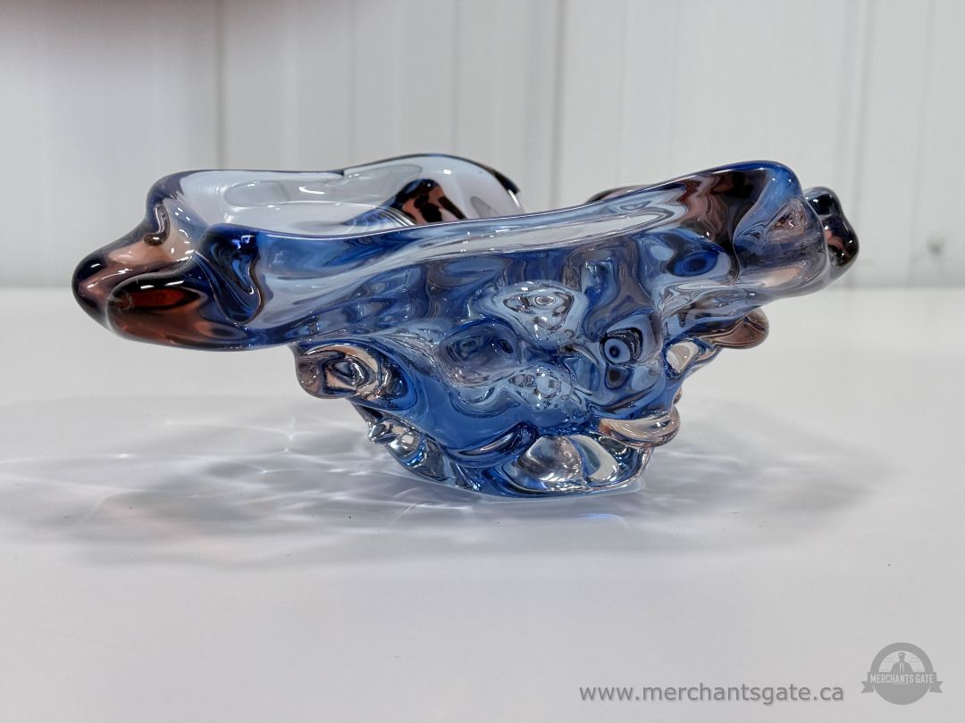 Vintage Murano Style Blue Pink Art Glass Bowl Freeform Heavy 9.25"