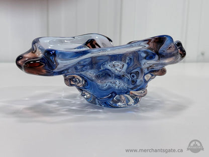 Vintage Murano Style Blue Pink Art Glass Bowl Freeform Heavy 9.25"