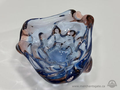 Vintage Murano Style Blue Pink Art Glass Bowl Freeform Heavy 9.25"
